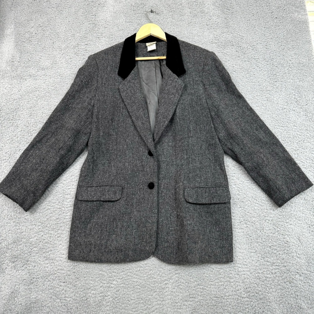 Vintage Jaclyn Smith Blazer Jacket Womens 16 Grey Wool Black Velvet Corpcore
